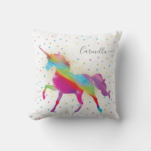 Add Name Personalized Rainbow Unicorn Gold Glitter Throw Pillow