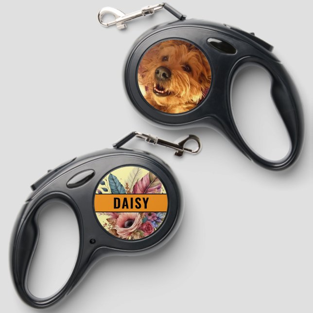 Add name photo flowers orange dog retractable pet leash  (Front & Back)