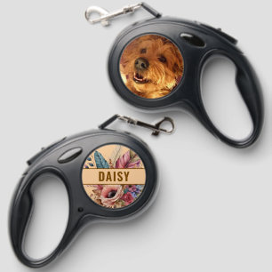 Add name photo flowers peach dog retractable pet leash