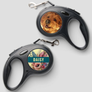 Add name photo flowers teal dog retractable pet leash