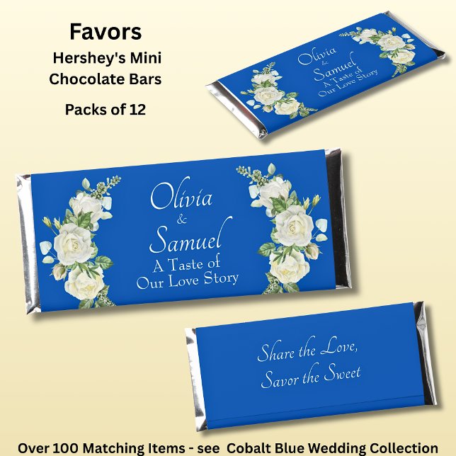 Add Name & Phrase Cobalt Blue & White Roses Hershey Bar Favors (Creator Uploaded)
