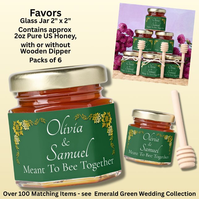 Add Name & Phrase, Emerald Green & Gold Honey Jar Favors (Creator Uploaded)