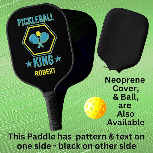 Add Name, Pickleball KING, Blue Yellow on Black Paddle (Creator Uploaded)