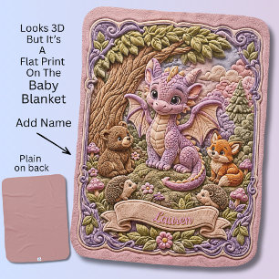 Add Name Pink Baby Dragon with Bear Baby Blanket