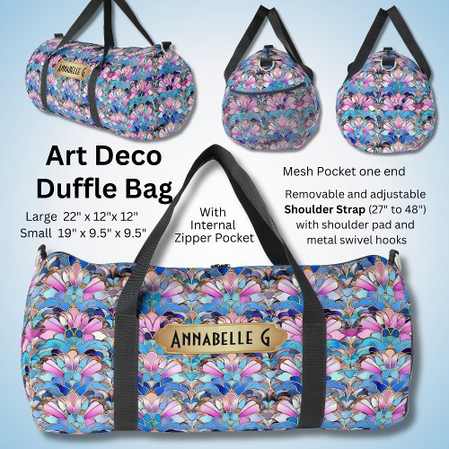 Add Name Pink Blue Art Deco Abstract Flowers Duffle Bag