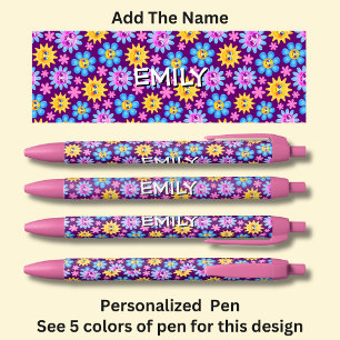 Add Name, Pink & Blue Cartoon Flower Faces Pen