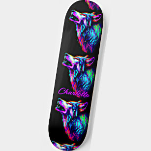 Add Name, Pink Blue Neon Wolf Skateboard
