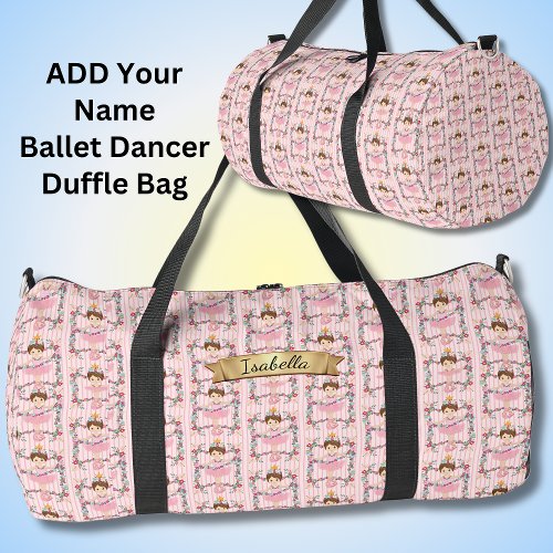 Add Name Pink Dancing Ballerina with Flowers Duffle Bag