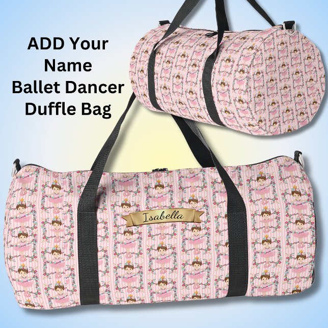 Add Name, Pink Dancing Ballerina with Flowers Duffle Bag (Creator Uploaded)