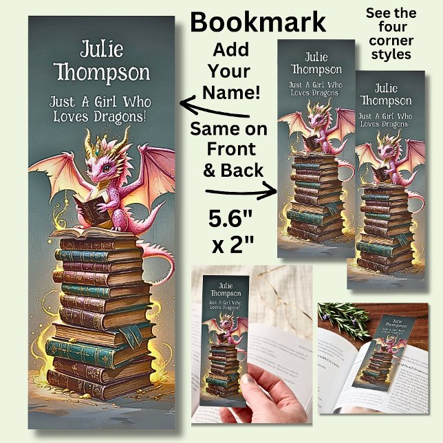 Add Name - Pink Dragon on Book Stack Bookmarks (Creator Uploaded)