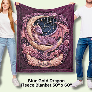 Add Name Pink Dragon Sleeping on Moon Fleece Blanket