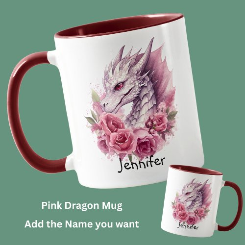 Add Name Pink Dragon with Flowers Mug