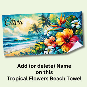 Add Name  Pink Orange Tropical Flowers at Sunset Beach Towel