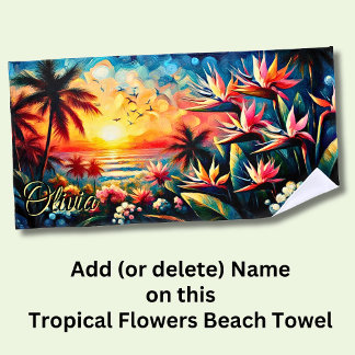 Add Name Pink Orange Tropical Flowers Palm Birds Beach Towel