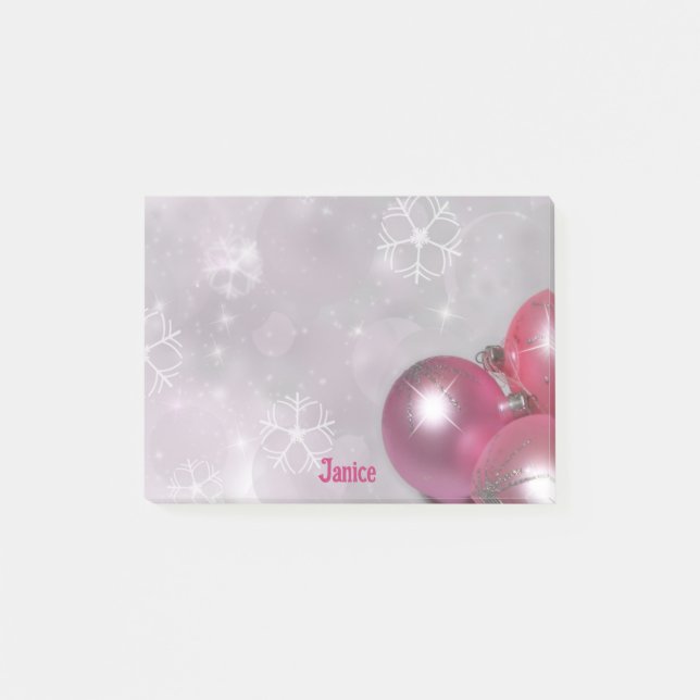 Add Name Pink Ornaments & Silver Gift Post-it Notes (Front)