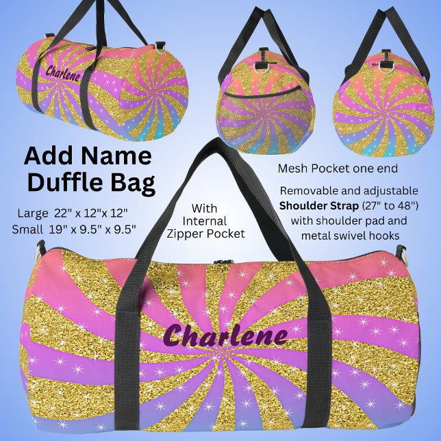 Add Name, Pink Purple Gold Swirl Pop Art Stars Duffle Bag (Creator Uploaded)