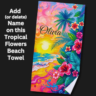 Add Name Pink Tropical Flowers at Sunset Beach Towel