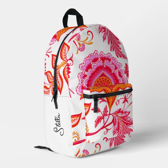 Add Name Preppy Vintage Flowers | Pink & Orange  Printed Backpack (Back Corner Left)