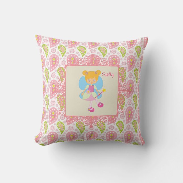 Add name Pretty Fairy pink paisley child's room Throw Pillow (Front)