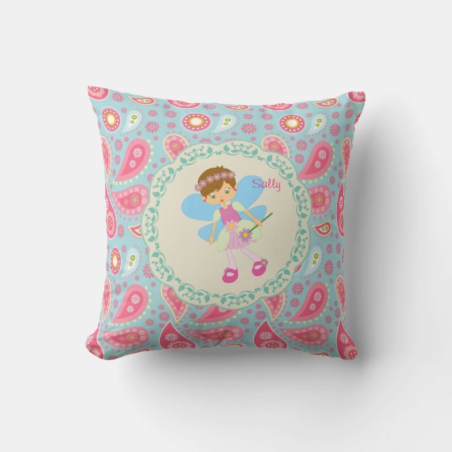 Add name Pretty Fairy pink  paisley child's room Throw Pillow (Front)