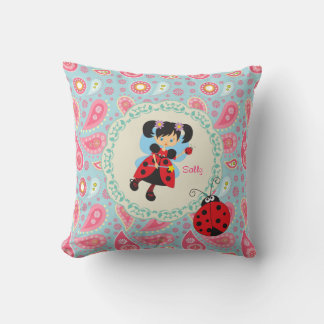 Add name Pretty ladybug Fairy pink paisley Throw Pillow