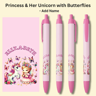 Add Name Princess & Her Unicorn & Butterflies Pink Pen