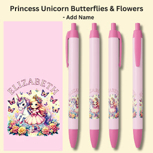 Add Name Princess with Unicorn Butterflies Flowers Pen