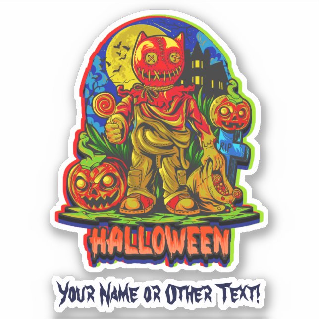 Add Name Pumpkin Head Monster Cat Ears Orange Blue Sticker (Front)