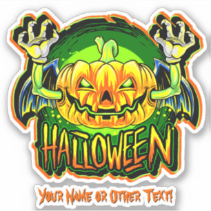 Add Name, Pumpkin Head Skeleton Hands Wings Green  Sticker