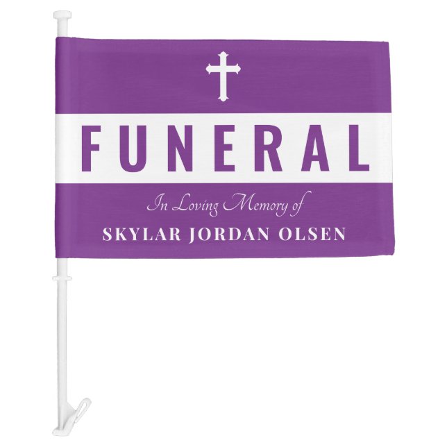 Add Name Purple White Cross Funeral Procession Car Flag (Front)