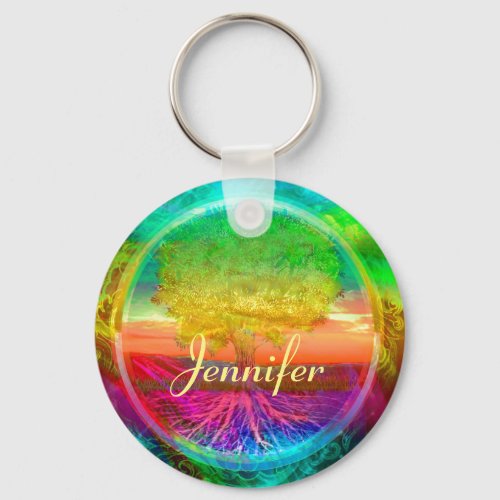 Add Name Rainbow Tree of Life Keychain