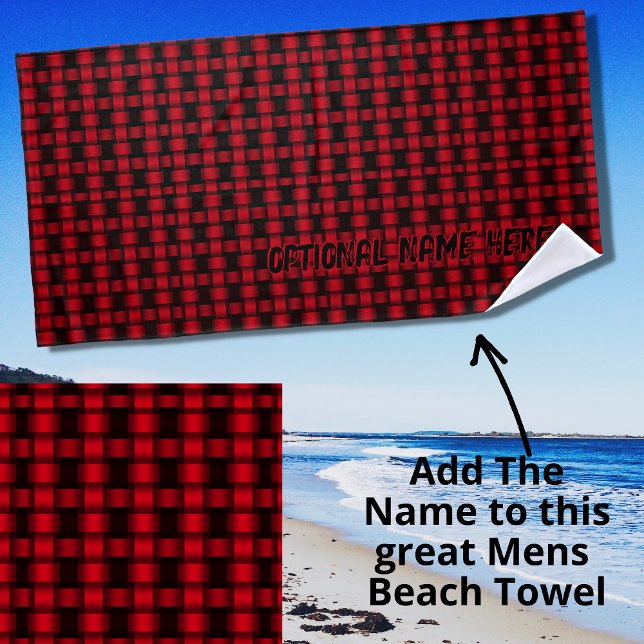 Add Name, Red Black Woven Texture  Beach Towel (Creator Uploaded)