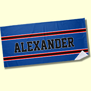 Add Name, Red Blue & White Nautical Stripes  Beach Towel