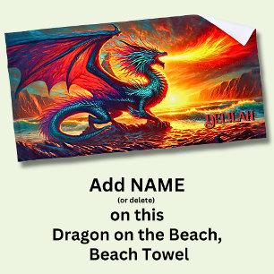Add Name, Red Fire Breathing Dragon on the Beach, Beach Towel