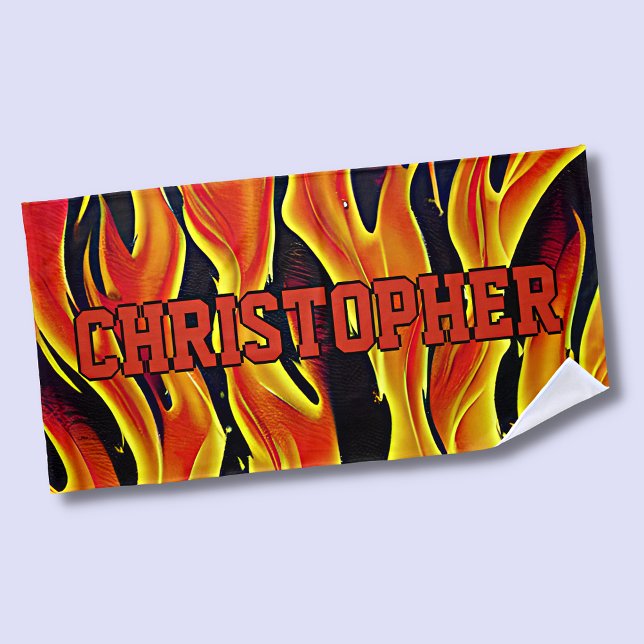 Add Name, Red Orange Fire Flames on Black Beach Towel (Creator Uploaded)