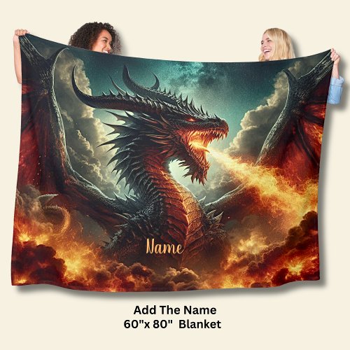 Add Name Red Orange Yellow Fire Breathing Dragon Fleece Blanket