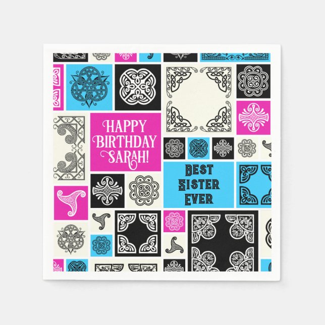 Add Name & Relationship Birthday Magenta & Blue Napkins (Front)