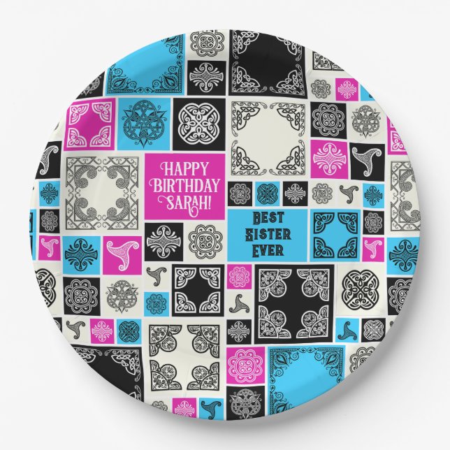 Add Name & Relationship Birthday Magenta & Blue Paper Plates (Front)