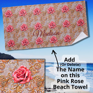 Add Name, Rose Gold Lace Roses Beach Towel