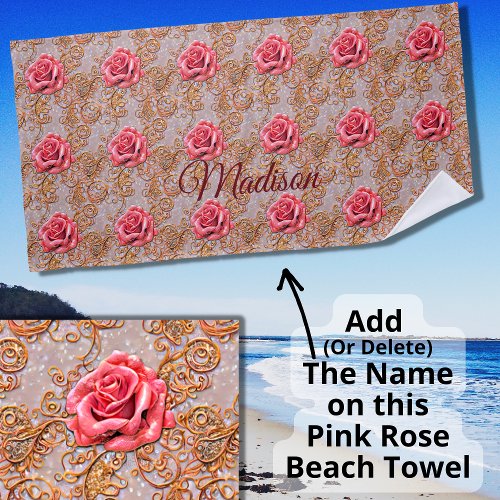 Add Name Rose Gold Lace Roses  Beach Towel