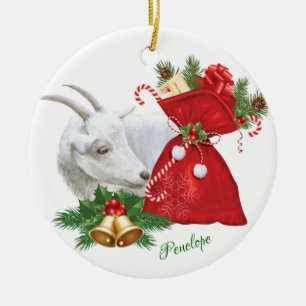 ADD NAME Saanen Goat With Holiday Spirit Ceramic Ornament