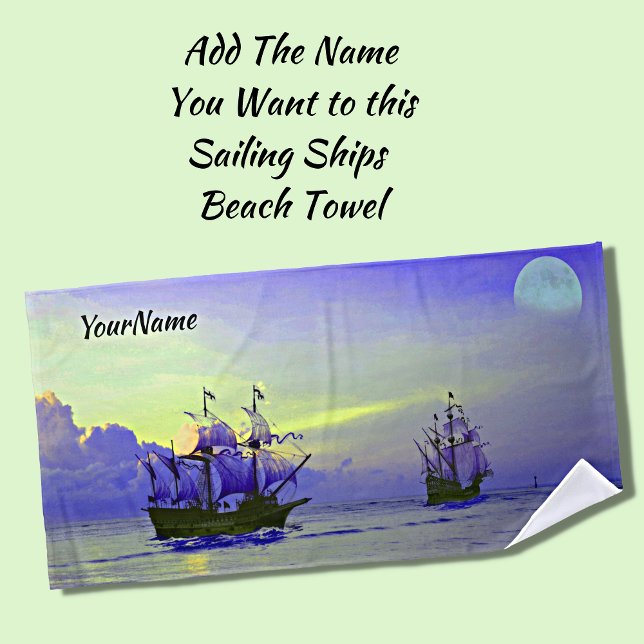 Add Name, Sailing Boat Ships Pirate, Blue  Beach Towel (Creator Uploaded)