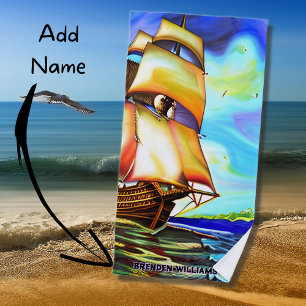 Add Name, Sailing Ship Ocean Sea, Blue Beach Towel
