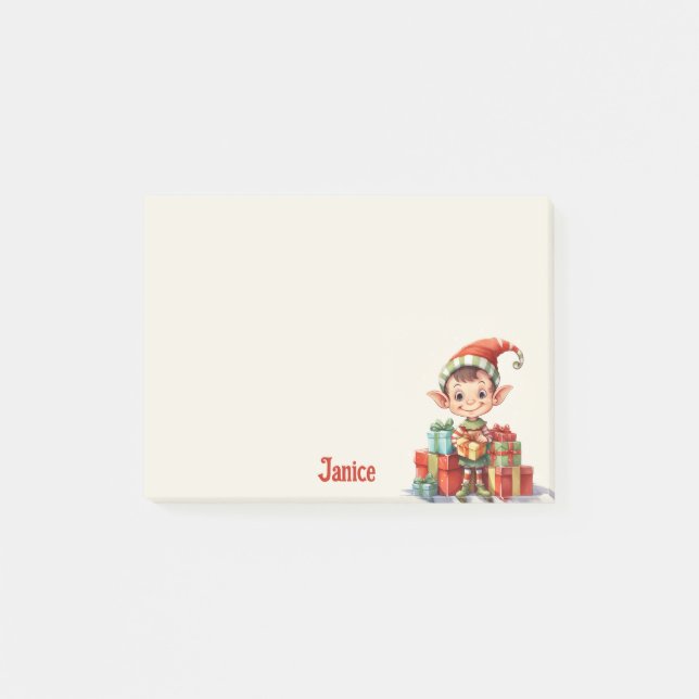 Add Name Santa's Christmas Elf with Gifts Post-it Notes (Front)