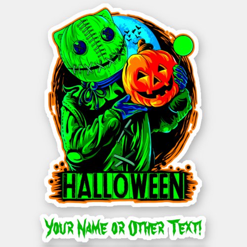 Add Name Scary Green Halloween Scarecrow Pumpkin Sticker