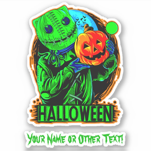 Add Name Scary Green Halloween Scarecrow Pumpkin Sticker (Front)