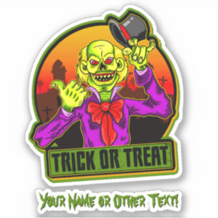 Add Name, Scary Yellow Clown, Hat, Trick or Treat Sticker
