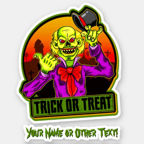 Add Name Scary Yellow Clown Hat Trick or Treat Sticker