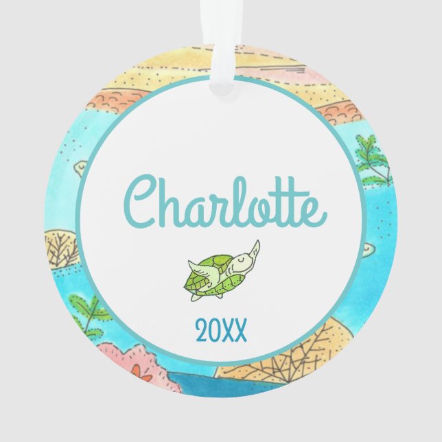Add Name Sea Turtles Tropical Beach Artwork Ornament (Back)