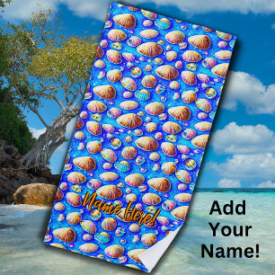 Add Name, Seashells on Blue Sand Beach Towel